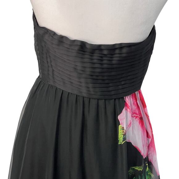 One33 Social Chiffon Strapless Gown Black Floral Pleated Maxi Bow Dress Size 2 - Picture 9 of 16